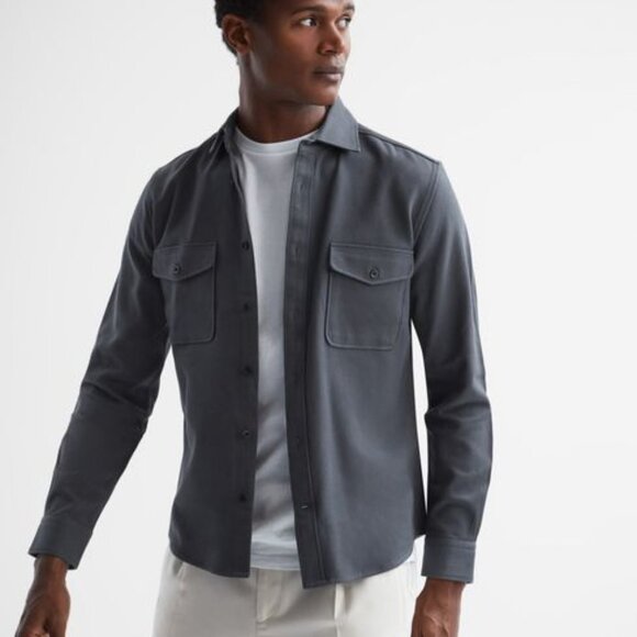 REISS Arlo Cotton Canvas Button-Up Overshirt in Steel Blue - Picture 2 of 5